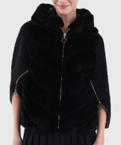 Yara Women's Black Real Rex Rabbit Fur Jacket - Black Real Rex Rabbit Fur Jacket For Women - Front Close View