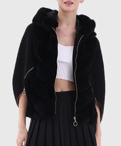 Yara Women's Black Real Rex Rabbit Fur Jacket - Black Real Rex Rabbit Fur Jacket For Women - Front Open View