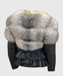 Yaretzi Women's Grey Real Fox Fur Trim Jacket - Grey Real Fox Fur Trim Jacket For Women - Back View