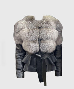 Yaretzi Women's Grey Real Fox Fur Trim Jacket - Grey Real Fox Fur Trim Jacket For Women - Front View