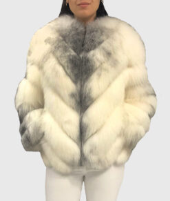 Yelena Women's White Real Fox Fur Jacket - White Real Fox Fur Jacket For Women - Front View