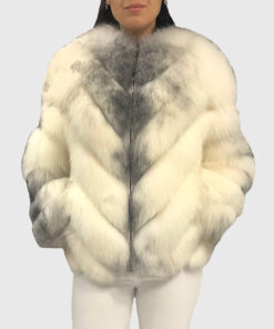 Yelena Women's White Real Fox Fur Jacket - White Real Fox Fur Jacket For Women - Front View