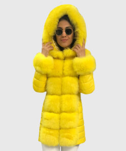 Zephyra Women's Yellow Real Fox Fur Hooded Coat - Yellow Real Fox Fur Hooded Coat For Women - Front View