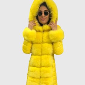 Zephyra Women's Yellow Real Fox Fur Hooded Coat | NYC Jackets