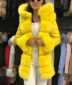 Zephyra Women's Yellow Real Fox Fur Hooded Coat - Yellow Real Fox Fur Hooded Coat For Women - Front Open View
