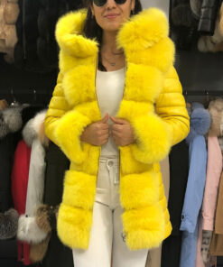 Zephyra Women's Yellow Real Fox Fur Hooded Coat - Yellow Real Fox Fur Hooded Coat For Women - Front Open View