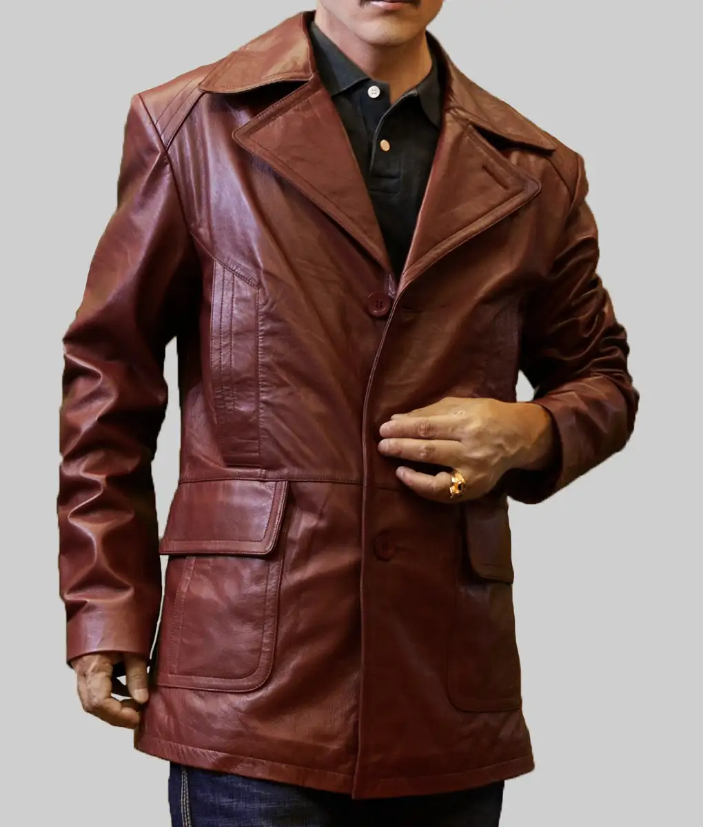 Donnie Brasco 1997 Johnny Depp Brown Leather Coat - Donnie Brasco 1997 Donnie Brown Leather Coat - Front View2
