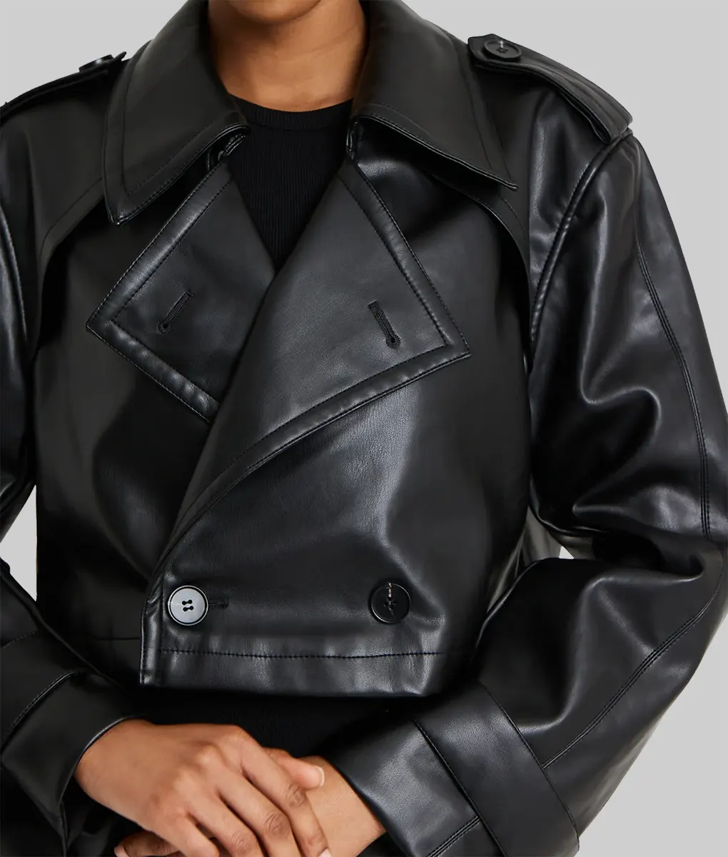 Hazel Women's Black Cropped Leather Trench Coat | NYC Jackets