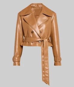 Julia Women's Tan Brown Cropped Leather Trench Coat-6