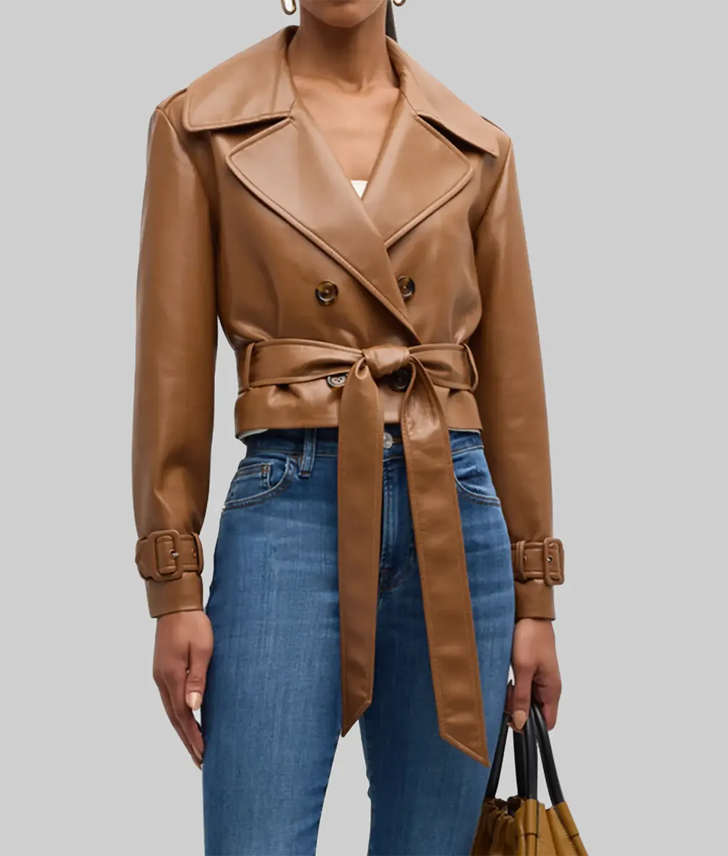 Julia Women's Tan Brown Cropped Leather Trench Coat-3