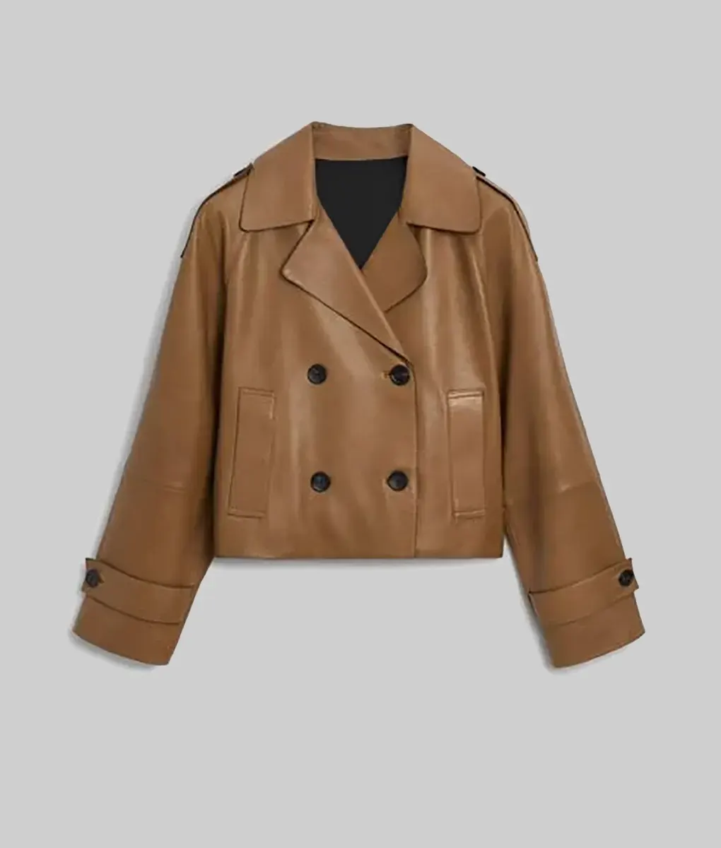 Pearl Women's Brown Cropped Leather Trench Coat NYC Jackets