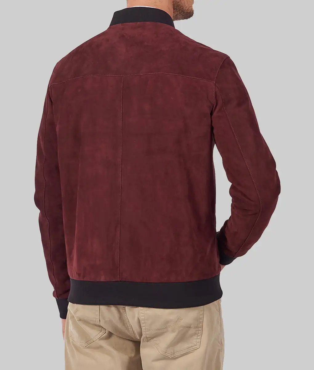 Ryan Reynolds Suede Bomber Jacket - Ryan Reynolds Burgundy Suede Bomber Jacket - Back View