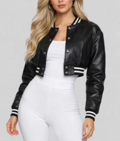 Adele Women&rsquo;s Black Leather Varsity Jacket-Front