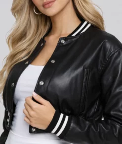 Adele Women’s Black Leather Varsity Jacket-Zoom