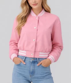 Adele Women’s Pink Leather Varsity Jacket-Front
