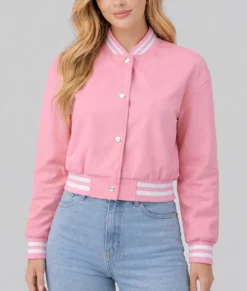 Adele Women’s Pink Leather Varsity Jacket-Front