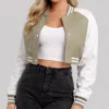 Adele Women's Olive Green and White Leather Varsity Jacket-Front