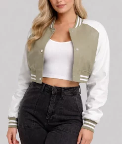Adele Women's Olive Green and White Leather Varsity Jacket-Front