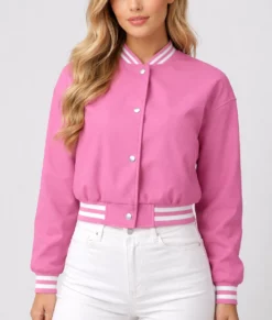 Adele Women's Pink Leather Varsity Jacket-Front