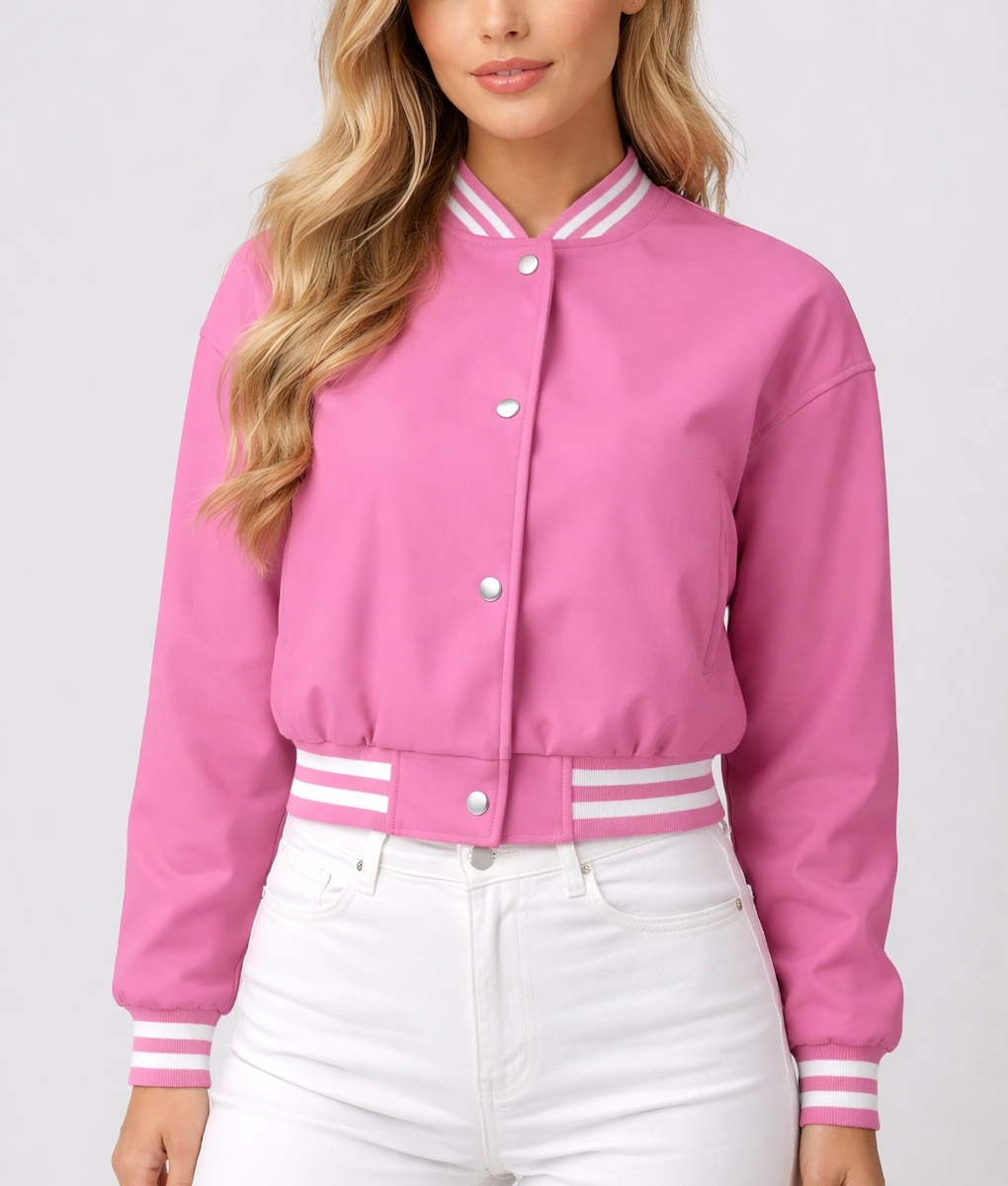 Adele Women's Pink Leather Varsity Jacket-Front