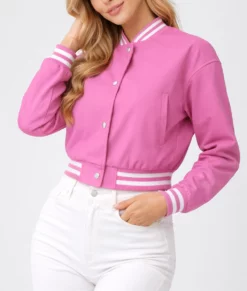 Adele Women's Pink Leather Varsity Jacket-Side