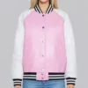 Amy Women's Pink & White Leather Varsity Jacket-Front