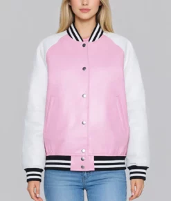 Amy Women's Pink & White Leather Varsity Jacket-Front
