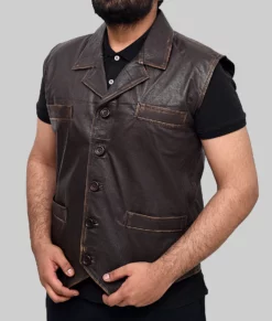 Calin Mens Dark Brown Vintage Leather Vest - Mens Dark Brown Vintage Leather Vest-2