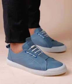 Galen Sky Blue Casual Low Top Leather Sneakers - Men's Sky Blue Casual Low Top Leather Sneakers-4