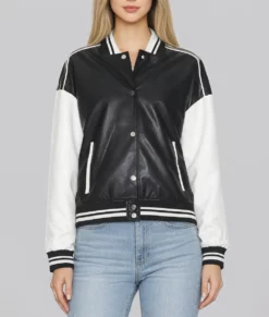 Genevieve Women's Black & White Leather Varsity Jacket-Front