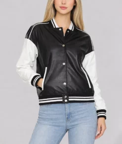 Genevieve Women's Black & White Leather Varsity Jacket-Front
