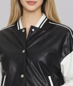 Genevieve Women's Black & White Leather Varsity Jacket-Zoom