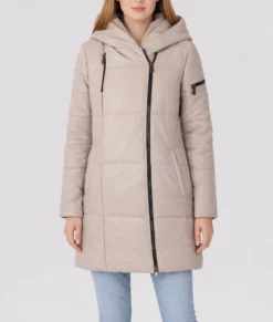 Ginna Womens Cream Leather Puffer Jacket-Front