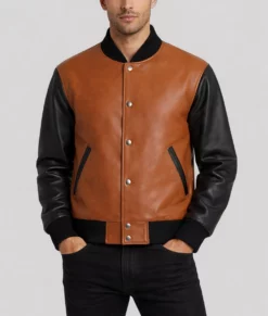 Holt Men's Brown and Black Leather Varsity Jacket-Front