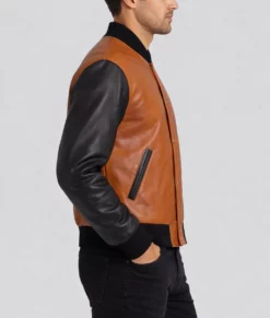 Holt Men's Brown and Black Leather Varsity Jacket-Side