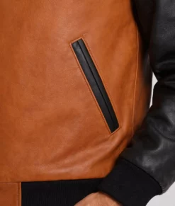 Holt Men's Brown and Black Leather Varsity Jacket-Zoom