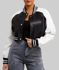 Louisse Women's Black and White Leather Cropped Varsity Jacket-2