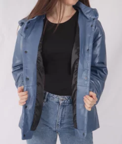 Lucy Womens Blue Hooded Leather Jacket - Womens Blue Hooded Leather Jacket-5