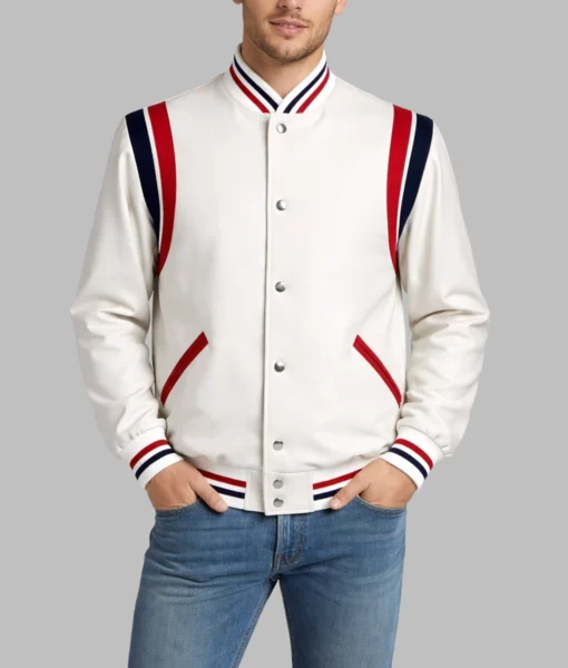 Mack Men’s White Striped Varsity Jacket-Front