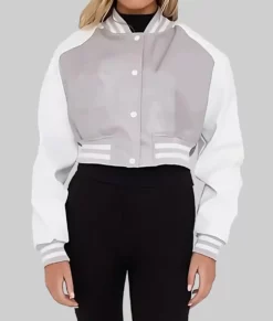 Mary Women's Grey and White Cropped Varsity Jacket-1