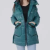 Mary Womens Teal Hooded Leather Puffer Jacket-Front