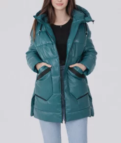 Mary Womens Teal Hooded Leather Puffer Jacket-Front