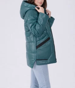 Mary Womens Teal Hooded Leather Puffer Jacket-Side