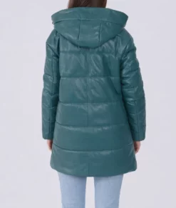 Mary Womens Teal Hooded Leather Puffer Jacket-Back