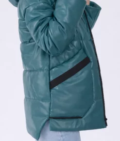 Mary Womens Teal Hooded Leather Puffer Jacket-Zoom