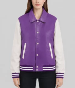 Sara Women's Purple & White Leather Varsity Jacket-Front
