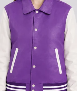 Sara Women's Purple & White Leather Varsity Jacket-Zoom