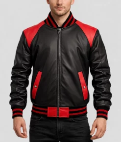 Terry Men's Red and Black Leather Varsity Jacket-Front