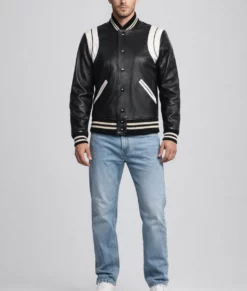Venus Men's White and Black Leather Varsity Jacket - Men's White and Black Leather Varsity Jacket-2