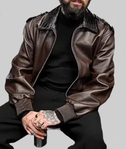 Zayn Malik Brown Leather Bomber Jacket-Front View